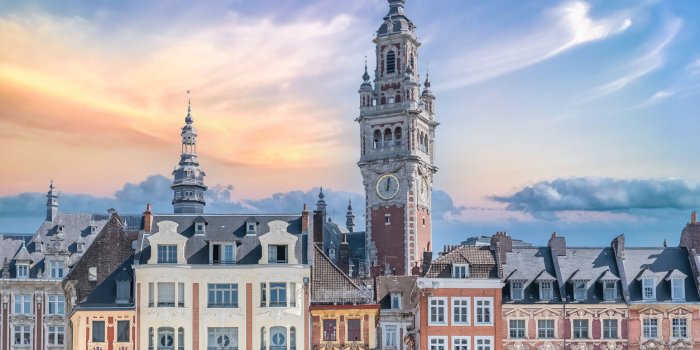 lille, ancient houses in the center, and the belfry of the chambre de commerce