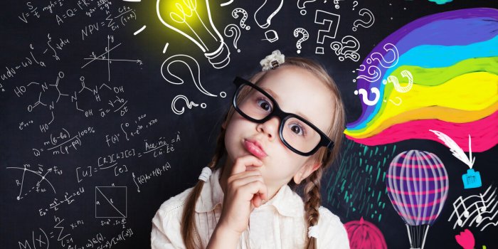 pensive child school student with yellow lightbulb and school and childhood supplies design elements child ideas and deve...