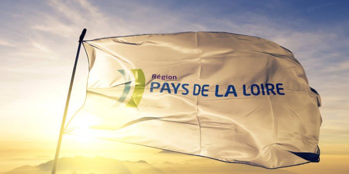 pays de la loire logo region of france flag on flagpole textile cloth fabric waving on the top sunrise mist fog
