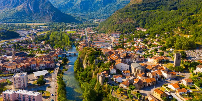 aerial view of old stone houses and streets of tarascon-sur-ariege, france
