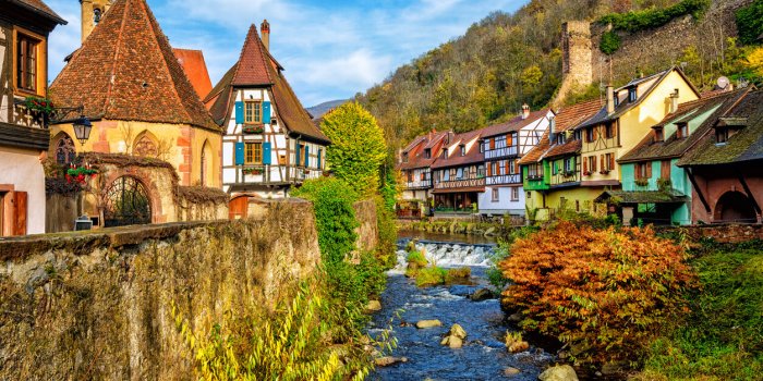traditional colorful houses in kaysersberg, alsace, one of the most beautiful villages of france