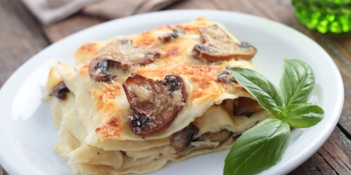 lasagna with mushrooms and basil leaf