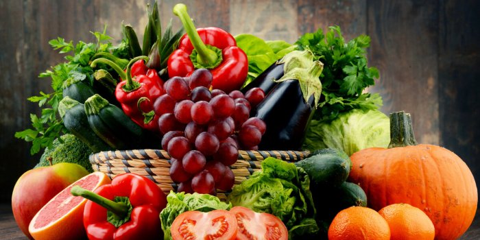 composition with variety of fresh vegetables and fruits detox diet