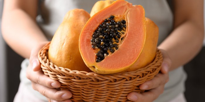 ripe papaya fruit in a basket holding by woman hand, tropical fruit
