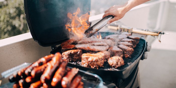 close-up of barbecue with a lot of meat and sausages