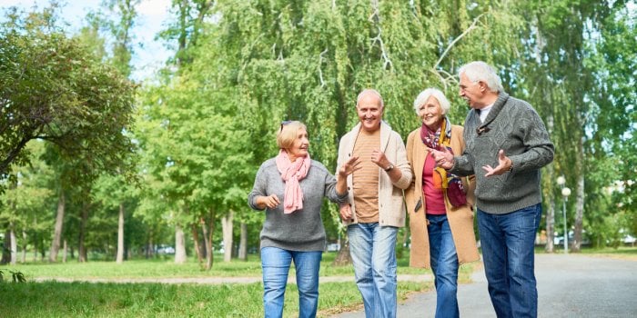 joyful group of senior friends wearing warm clothes walking along park alley and chatting animatedly with each other, pic...