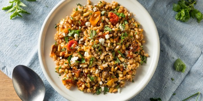 homemade healthy farro tomato salad with herbs